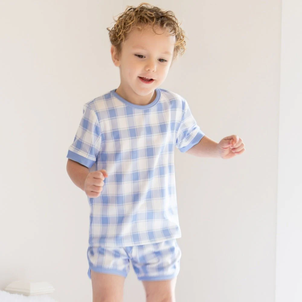 Short Sleeve Lounge Set - Blue Gingham - Image 3