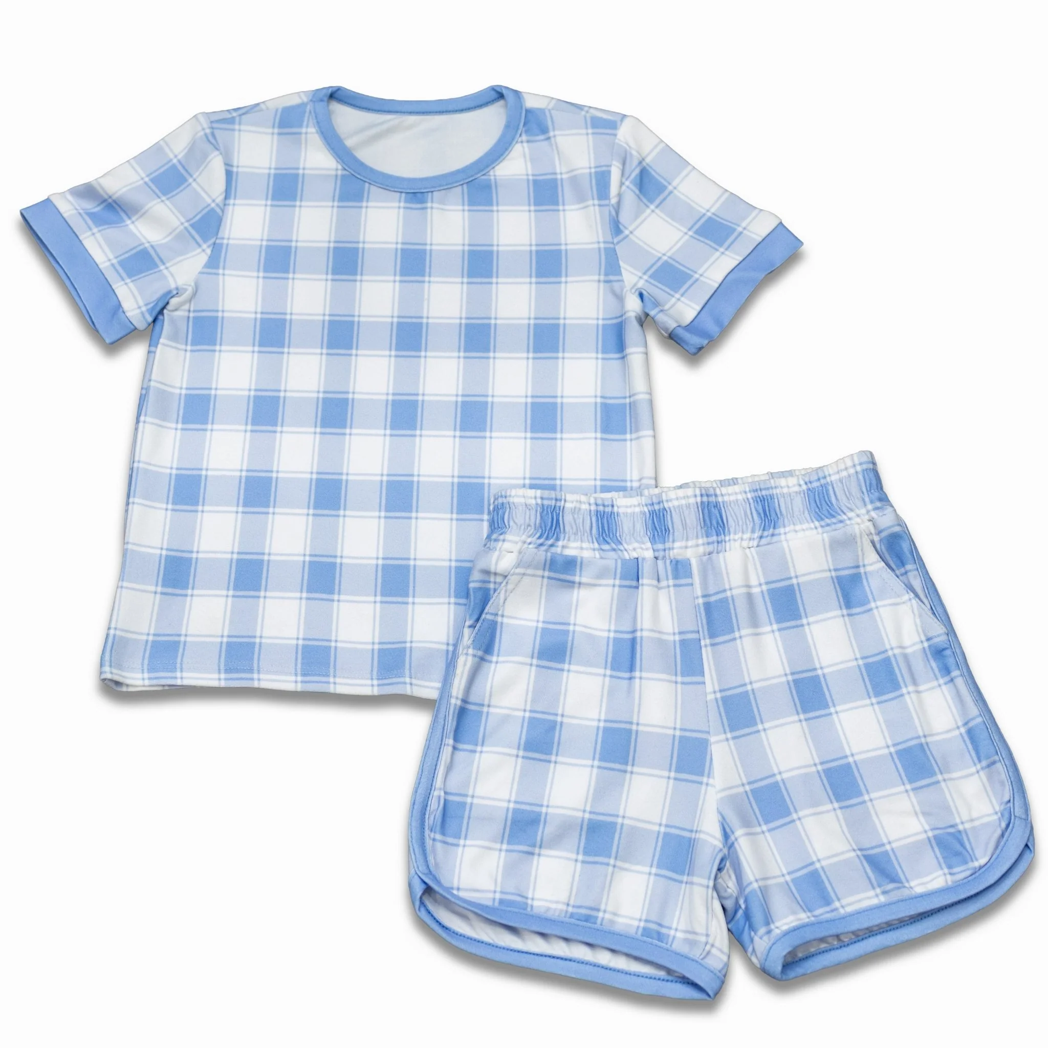 Short Sleeve Lounge Set - Blue Gingham - Image 4