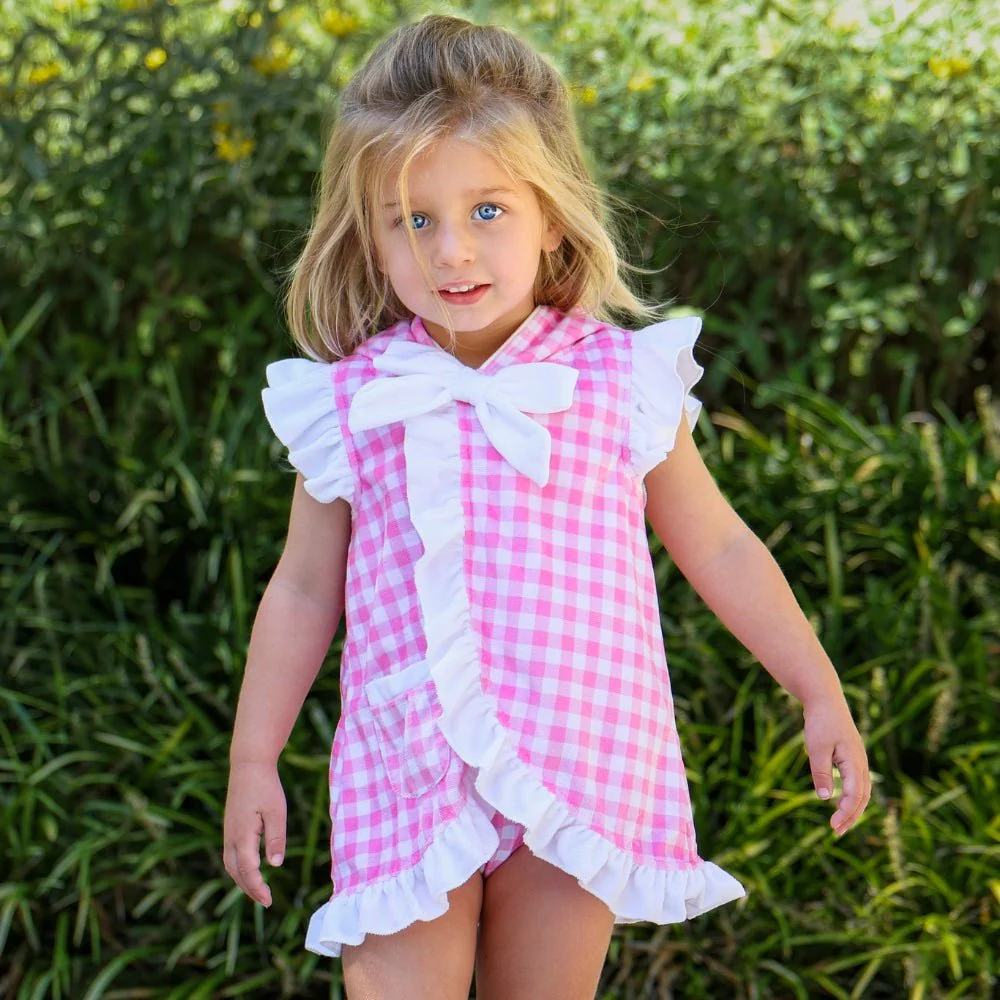 Swim Cover Up - Pink Gingham Ruffle With Bows