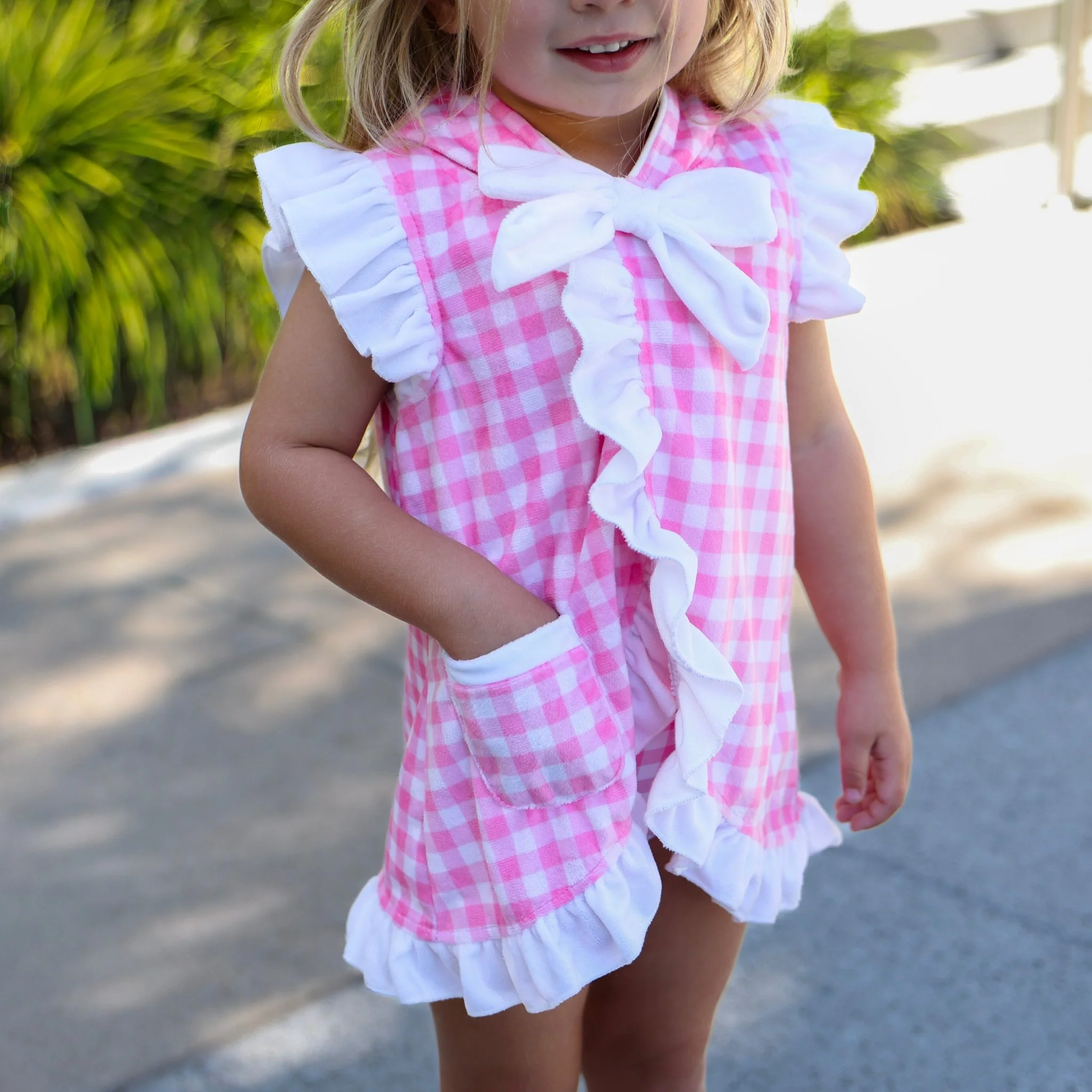 Swim Cover Up - Pink Gingham Ruffle With Bows - Image 2